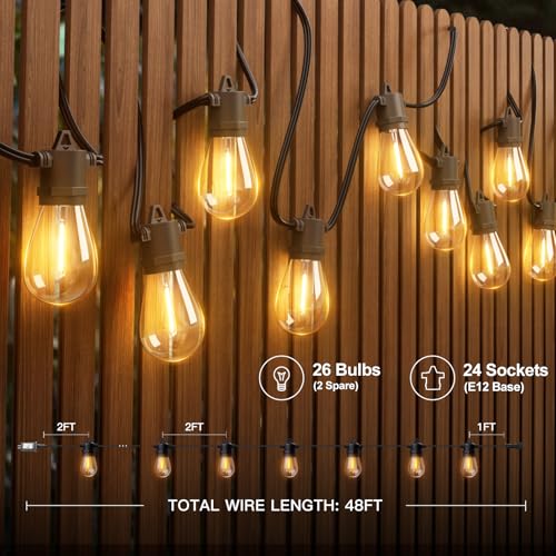 addlon 48FT(2FT Space) LED Outdoor String Lights with 24 Edison Shatterproof Bulbs, Heavy-Duty and Weatherproof Strand, Commercial Grade Patio Lights, Decorative for Garden or Patio, Black - size: 48FT(24 Sockets)