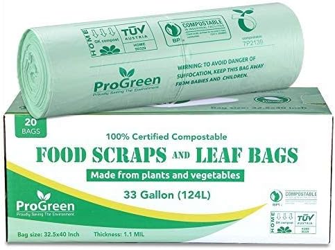 Compost Bags 33 Gallon Compostable Trash Bags, Extra Thick 1.1 Mil, Compost Kitchen Bin Bags, Food Scraps Yard Waste Bags, ASTM D6400 BPI & TÜV AUSTRIA Certified