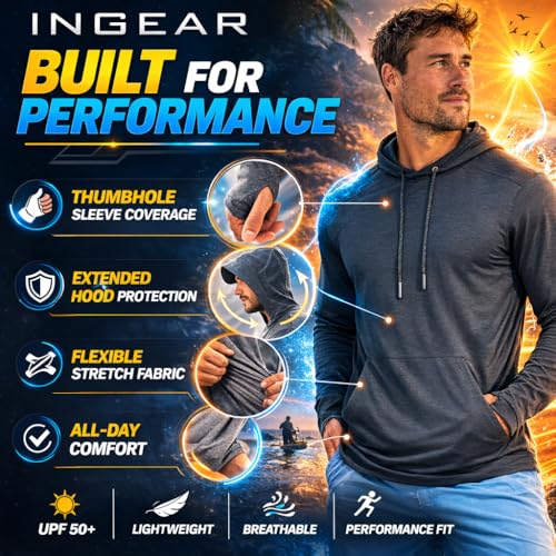 INGEAR Men’s UPF 50+ Sun Hoodie - Lightweight UV Protection Fishing Shirt, Quick-Dry Moisture-Wicking Rash Guard with Pocket - color: Glacier Grey, size: XX-Large