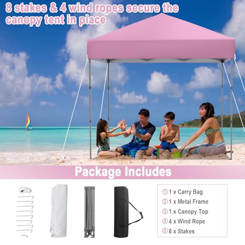 LDAILY 6.6 x 6.6 Ft Pop Up Canopy, Portable Canopy Tent Heavy Duty Instant Canopy w/Center Lock, 8 Stakes, 4 Ropes, Carry Bag, Sun Protection, Easy Up Outdoor Canopy for Party, Camping, Patio (Pink) - color: Pink