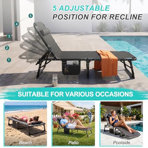 ABORON 3-in-1 Folding Patio Lounge Chair, 440LB Heavy-Duty Tri-Fold Guest Bed with Plush Cotton Cushion, No Assembly Adjustable Recliner for Office Nap, Patio Sunbathing, Poolside & Camping - color: Light Slate