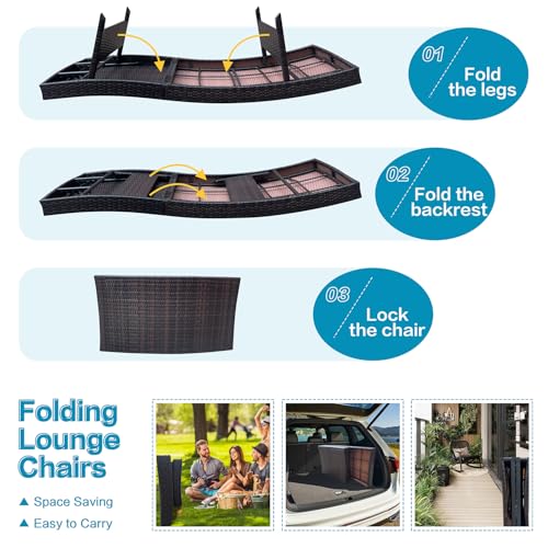 Set of Foldable Long Reclining Patio Seating Chairs, 2 Folding Chairs Patio Chaise Lounge, Outdoor Wicker Lounge Chaise, Rattan Chaise Lounge Lawn Sunbathing Recliner Beach Pool Backrest Recliners - color: 2 Foldable Chairs