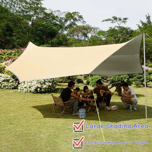 16x16 ft Large Camping Tarp Waterproof Hammock Rain Fly Camping Awning Sun Shelter Khaki (Without Pole) (Khaki) - color: Khaki