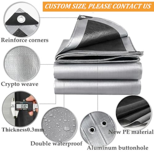 12 x 16ft Tarps Heavy Duty Thick Waterproof, Poly Canopy Silver + Black Tent Shelter Cover, 16 Mil Tarpaulin Shade, Rip and Tear Proof, UV Resistant Tarpaulin with Grommets and Reinforced Edges - color: Silver+black（16mil）, size: 12 x 16ft