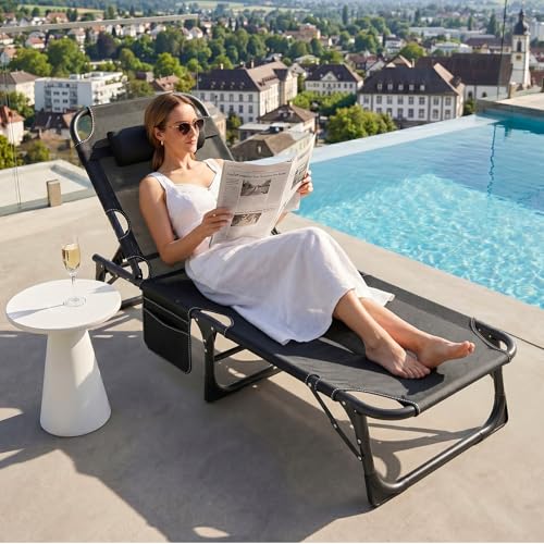 ABORON 3-in-1 Folding Patio Lounge Chair, 440LB Heavy-Duty Tri-Fold Guest Bed with Plush Cotton Cushion, No Assembly Adjustable Recliner for Office Nap, Patio Sunbathing, Poolside & Camping - color: Light Slate