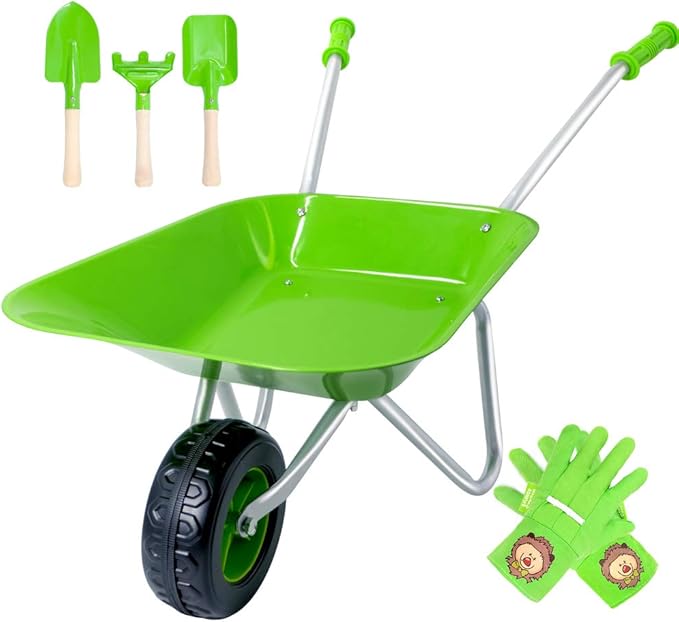 Kids Wheelbarrow Set Metal, Child Wheel Barrel Green Easy to Assemble and Kids Gardening Tools Kit, Garden Toys with Small Wheel Barrow, Outdoor Indoor Toys Gift for Children