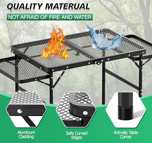 Folding Camping Table with 2 Extra Desktop, Height Adjustable Portable Grill Table, Metal Outdoor Grill Table for Outside, Camping Cooking Tables for Picnic, BBQ, 53.14 x 26.6 x 23.6 inches Large Size - style: 26.6"H Grill Table