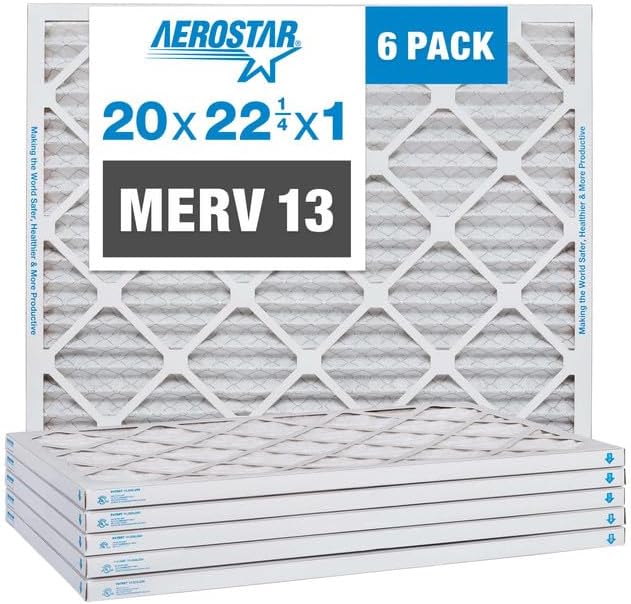 Aerostar 20x22.25x1 Air Filter MERV 13 (For Allergies, Dust, Lint, Mold, Pet Dander, Smoke, Smog & Bacteria) - Electrostatic MPR 1500-1900 & FPR 10 - Pleated HVAC AC Furnace Air Filters - Pack of 6