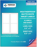 Premium Label Supply Waterproof Matte White Sticker Labels – 3.5" x 5" – Inkjet Printers Only – (4 per Sheet), 100 Sheets - 400 Total Adhesive Labels