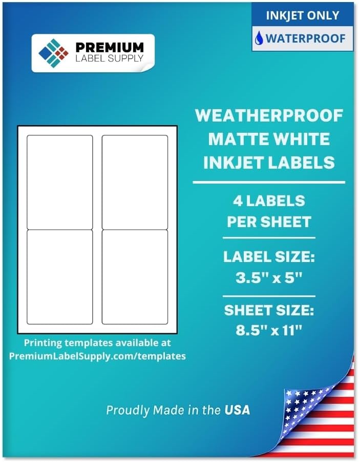 Premium Label Supply Waterproof Matte White Sticker Labels – 3.5" x 5" – Inkjet Printers Only – (4 per Sheet), 1000 Sheets - 4,000 Total Adhesive Labels