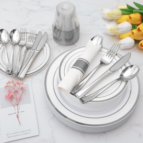 Goodluck 175 Piece Silver Plastic Dinnerware Set for 25 Guests, Fancy Disposable Plates for Party, Include: 25 Dinner Plates, 25 Dessert Plates, 25 Pre Rolled Napkins with Silver Silverware, 25 Cups - color: Silver, style: 175 Piece (25 guests)