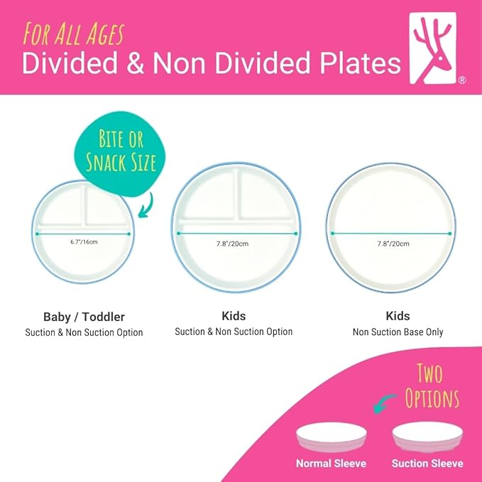 Elk and Friends Kids 6.7” Porcelain Divided Plates with Silicone Suction Sleeves + Silicone Lids | Suitable for Babies/Kids/Toddlers | Microwave & Dishwasher Safe | Non Slip | Snack Dishes | 4 Pack
