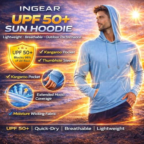 INGEAR Men’s UPF 50+ Sun Hoodie - Lightweight UV Protection Fishing Shirt, Quick-Dry Moisture-Wicking Rash Guard with Pocket - color: Navy, size: X-Large