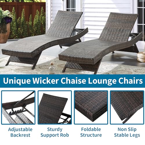 79'' Long Reclining Chaise Lounge + Side Table Set of 2, Outdoor Wicker Reclining Lounge Chair Patio Rattan Double Chaise Lounge + Coffee Table Lawn Sunbathing Chairs Beach Pool Backrest Recliners - color: 1 Chair + 1 Table