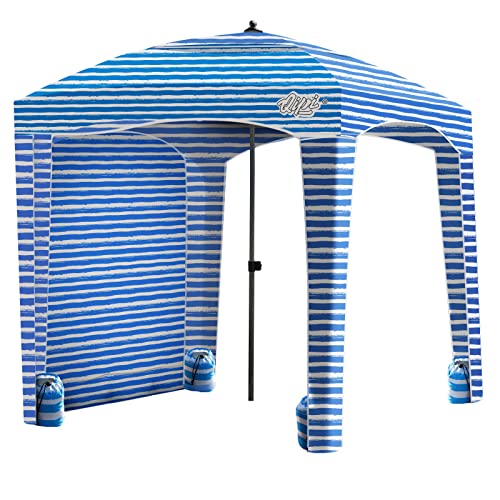 Qipi Beach Cabanas for Sand, Beach Canopy with Sandbags & Side Wall for Family, Easy Set Up Sun Shelter, UPF 50+ UV Protection with Roof Vent - color: 6' x 6' Blue Stripes with Changing Room