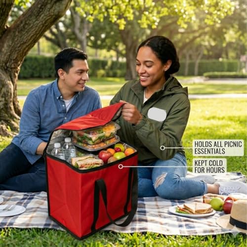 JoEzzy Insulated Bags – Large Thermal Food Delivery Bag & Reusable Shopping Tote – Heavy Duty Cooler Bag for Catering, Picnics, Beach, & Office Lunch – Collapsible, Stands Upright, Red - color: 3-Pack (Bag)