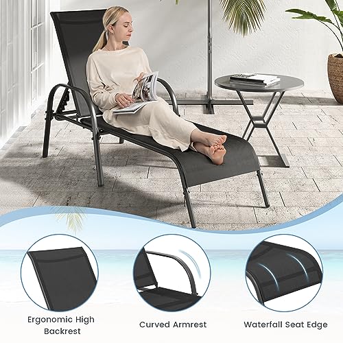 Giantex Patio Lounge Chair, Outdoor Chaise Lounge with 5 Adjustable Backrest, Sturdy Steel Frame, Sunbathing Recliner, Beach Chair, Tanning Chair for Outside, Yard, Balcony, Pool Chairs, Black - color: Black