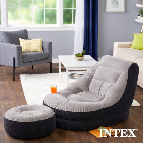 Intex 68575EP Inflatable Corner Sofa with 2 68564EP Ultra Lounge Chairs & Ottomans, Indoor Use, Cupholders, 2-in-1 Valve, 880lb/220lb Capacity