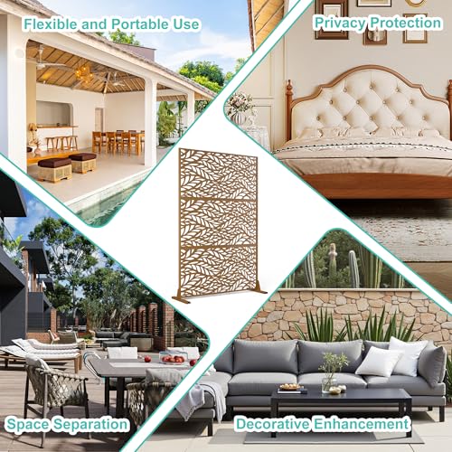 Modern Metal Privacy Screen, Patio Outdoor Privacy Panels with Stand, Freestanding Outdoor Divider for Yard, Deck＆Garden(71.3"*47.3"*15.7") - color: Brown,Flowleaf