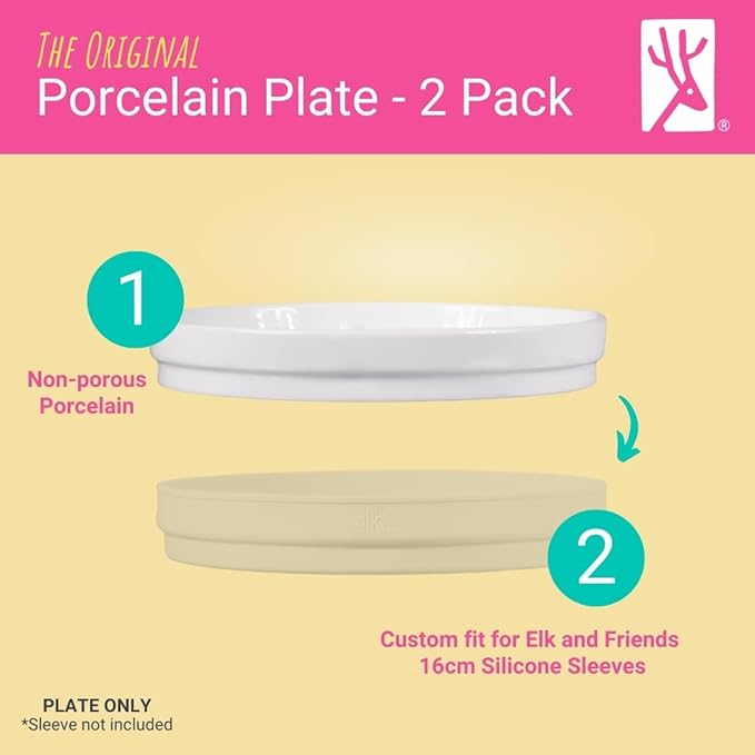 Elk and Friends Kids 6.7” Porcelain White Plates | Divided Plates | Suitable for Kids/Toddlers | Microwave & Dishwasher Safe | Non Slip | Snack Dishes | 2 Pack