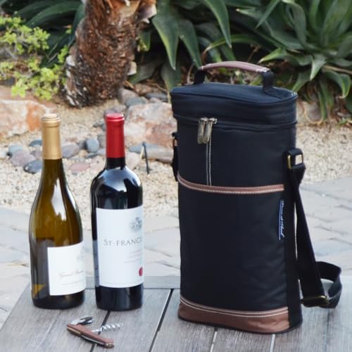 Picnic at Ascot - Insulated 2 Bottle Travel Wine Tote with Corkscrew & Shoulder Strap -Black - color: Black