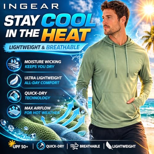 INGEAR Men’s UPF 50+ Sun Hoodie - Lightweight UV Protection Fishing Shirt, Quick-Dry Moisture-Wicking Rash Guard with Pocket - color: Navy, size: Large