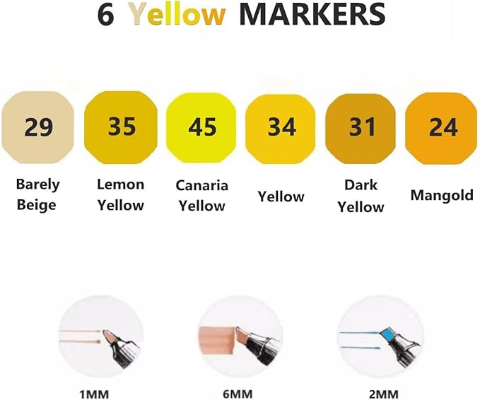 6 Colors Yellow Alcohol Markers Set, Dual Tips Art Markers Drawing Sketched Double Tipped for Adults Kids(Yellow)