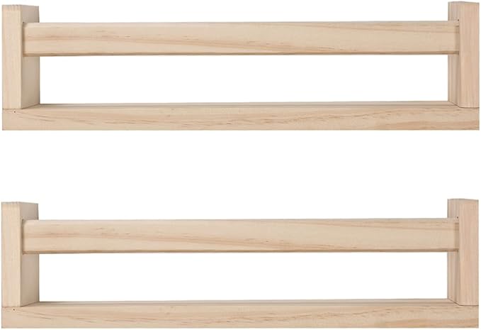 Nursery Floating Book Shelves for Kids Room, Kitchen Spice Rack, or Rustic Wall Mounted Shelves for Farmhouse Bathroom Decor (Natural Wood),Set of 2