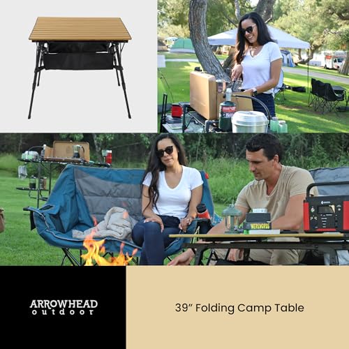 ARROWHEAD OUTDOOR 39" Aluminum Folding Camp Roll Up Table w/Adjustable Height, Undertable Mesh Storage, Carry Bag - color: Wood Grain