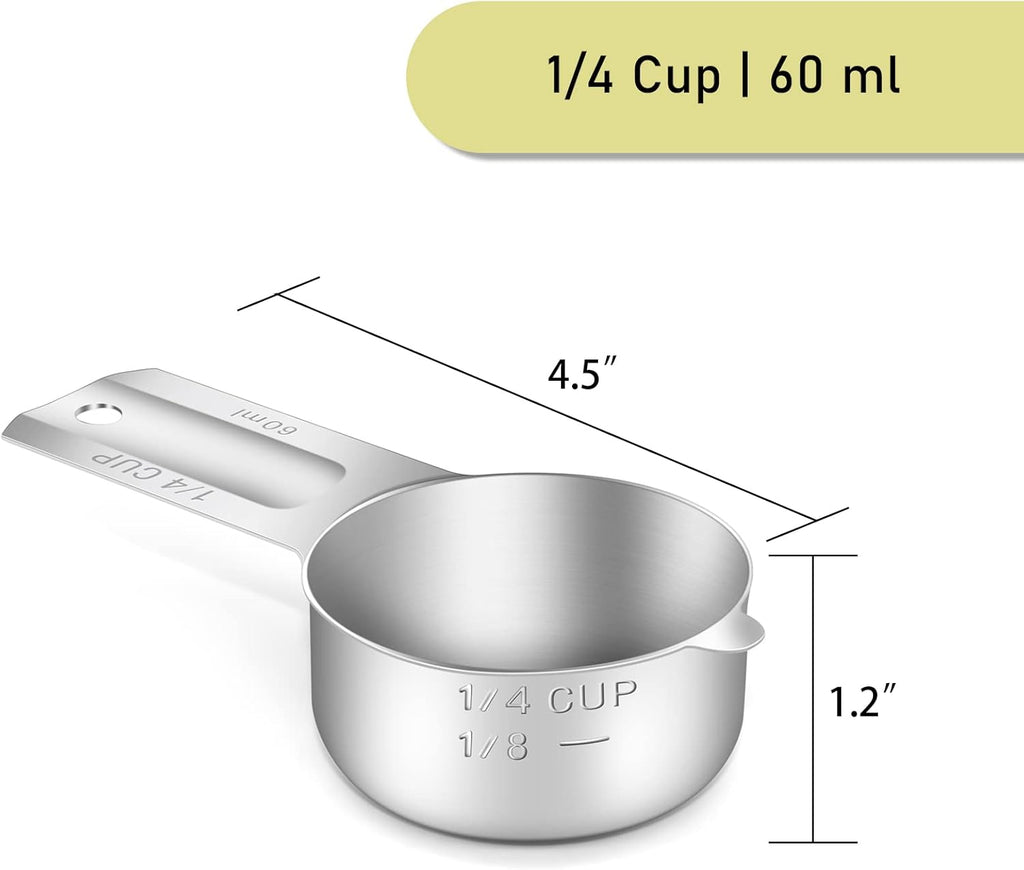 4PCS 1/4Cup (60ml, 2oz) Single Measuring Cup, Stainless Steel Measure Scoop, Metric and US Measurement, Dishwasher Safe