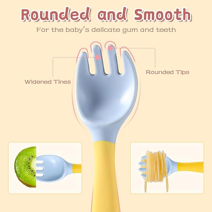Baby Utensils Spoons and Forks Set Bendable Self-Feeding Silverware for Toddler Children with Travel Case Gum Friendly Food Grade (Yellow+Green, 2 Set)