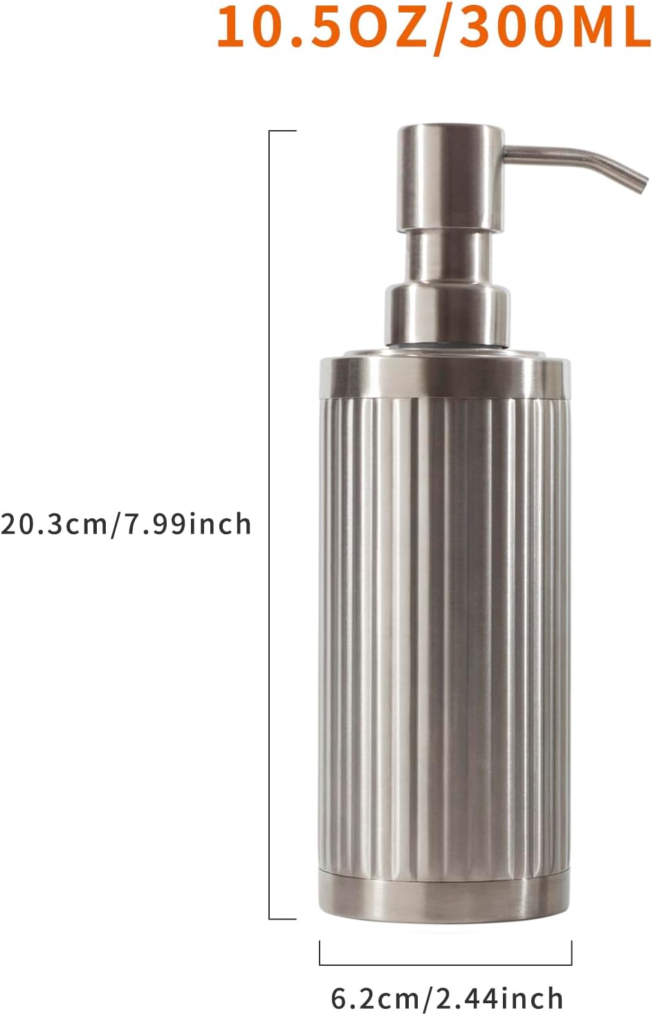 Modern Light Luxury Soap Dispenser with Funnel, Brushed Silver, 304 Stainless Steel, Metal Pump Hand Sanitizer Bottle for Bathroom and Kitchen (10.5 oz/300 ml)