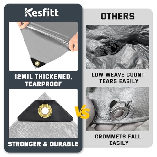 Kesfitt 12 Mil Heavy Duty Waterproof Tarp with Metal Grommets, 8x12 ft, Silver & Blue Reversible Poly Tarp for Outdoor Protection, Yard, Worksite, Pools, Vehicles, Equipment Coverage - size: 8x12 ft
