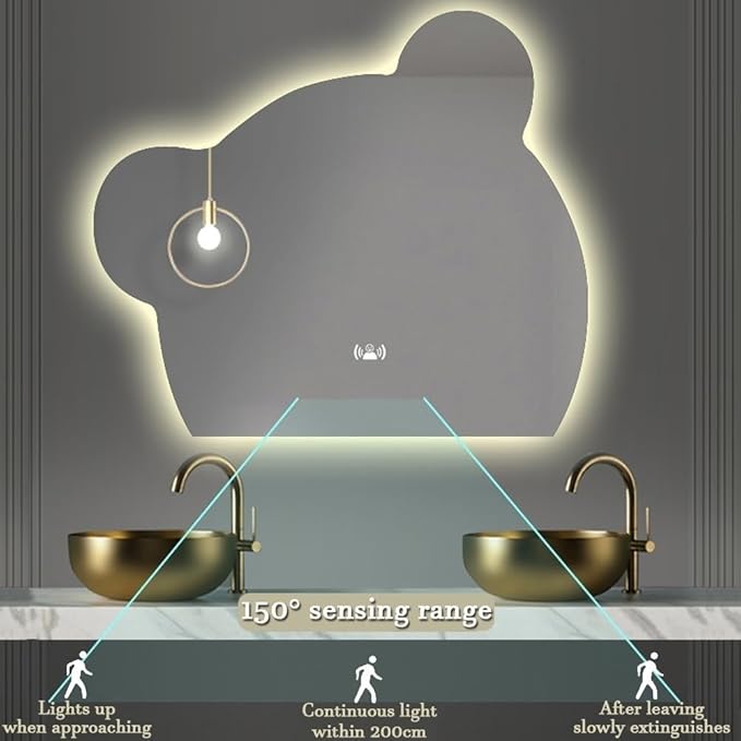LTSRLL LED Vanity Mirror Cute Bear Decorative Mirror for Bathroom & Dressing Tabler Backlight Wall Mirror with 3 Color Dimmable Light Demister Pad Human Body Sensor Switch(Cut Left,70cmx85cm)