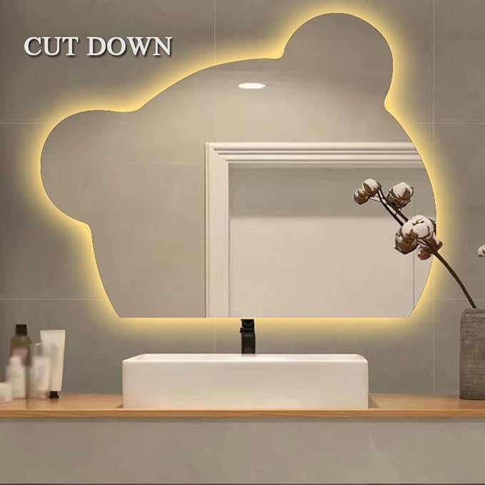 LTSRLL LED Vanity Mirror Cute Bear Decorative Mirror for Bathroom & Dressing Tabler Backlight Wall Mirror with 3 Color Dimmable Light Demister Pad Human Body Sensor Switch(Cut Down,60cmx75cm)
