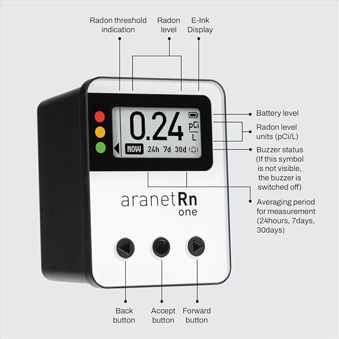 Radon One – Fast Home Radon Gas Detector with 10-Minute Response, E-Ink Display, Battery Powered, Portable Real-Time Radon Monitor for Basements & Indoor Air Monitoring (White)