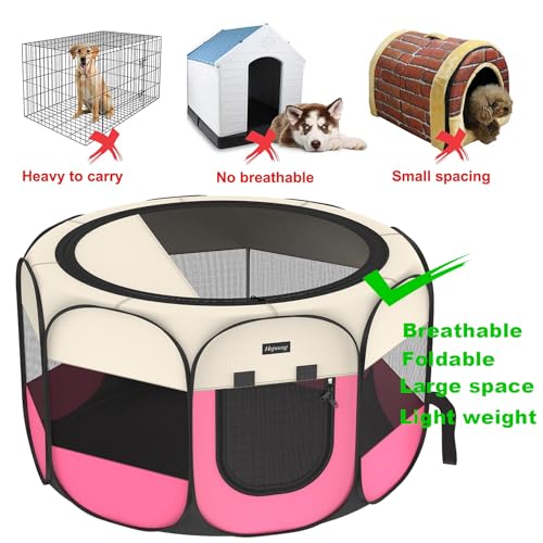 Portable Pet Puppy Dog Cat Playpen, 8-Panel Indoor/Outdoor Puppy Pen with Shade Cover & Travel Bag - Waterproof Dog Cat Tent - color: Pink, style: Large(45"x45"x24" with free bonus)