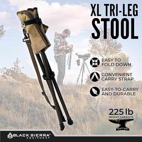 Black Sierra Folding Hunting Stool w/Shoulder Strap Supports 225 lbs, Lightweight Collapsible Tripod Seat, Foldable Steel Frame Chair Perfect for Hunting Blind, Fishing, Hiking, Travel - color: Tan