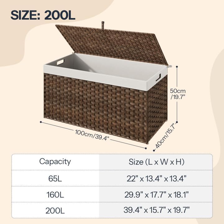 HOOBRO Storage Basket with Lid, 52.8 Gallon (200L) Wicker Basket, Handwoven Blanket Storage Basket with Handles, Metal Frame and Soft Lining, Foldable for Bedroom, Laundry Room, Brown BR220CW01