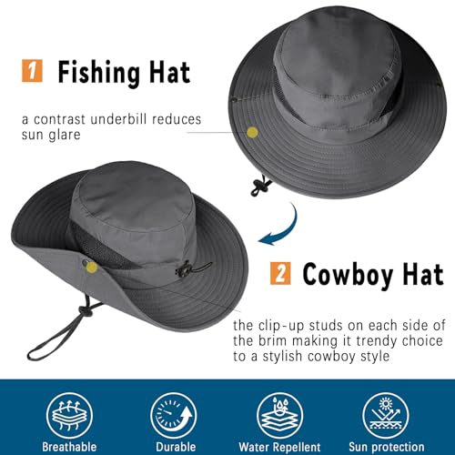 ZOORON Sun Hats for Men Women, Wide Brim Safari Hats UV Protection UPF50+ Waterproof Boonie Hats for Fishing Hiking Camping - color: With One Pair Cooling Sleeves-1pack-darkgray
