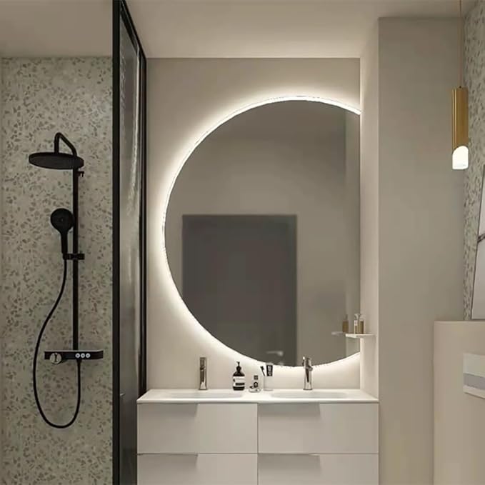 Semicircle Vanity Mirror with LED Lights, Dimmable LED Illuminated Bathroom Mirror with Touch Switch, Frameless 43"x28" Backlit Wall Mirror with Demister Pad, for Bathroom, Bedroom, Entryway