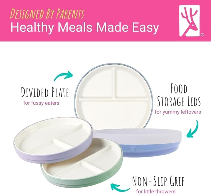 Elk and Friends Kids 7.8” Porcelain Divided Plates with Silicone Sleeves + Lids | Suitable for Babies/Kids/Toddlers | Microwave & Dishwasher Safe | Non Slip | Snack Dishes