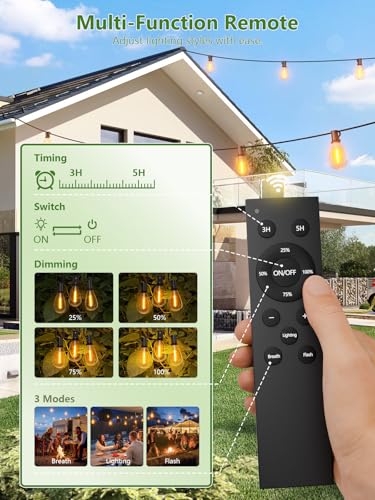 luckystyle 100FT Solar String Lights Outdoor Waterproof 2200K with Remote & USB Charging, 36+2 LED Shatterproof Bulbs, Dimmable & Timable, 3 Light Modes, Long Last for Garden,Patio, Backyard, Camping