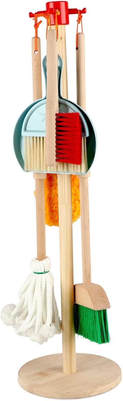 Qilay Kids Cleaning Set 7 Piece Wooden Detachable Cleaning Set Includes Housekeeping Broom, Dustpan, Brush & Other Cleaning Tools, Preschool Educational Pretend Play Cleaning Tools for Toddler