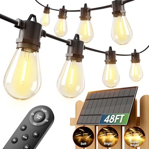 addlon 54FT Solar String Lights Outdoor Waterproof with USB Charging & Remote Control - Dimmable Solar Power Patio Lights with 26 LED Bulbs for Porch, Garden, Yard, Market, Bistro - Lasts 20+ Hrs - size: 48+6FT(24 Sockets)