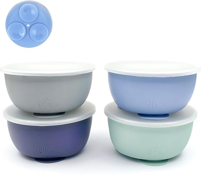 Elk and Friends Stainless Steel Bowls with Silicone Sleeve for Babies & Toddlers | Lids Included | Stay Put Suction | Cereal & Snack Bowls | 4 Pack