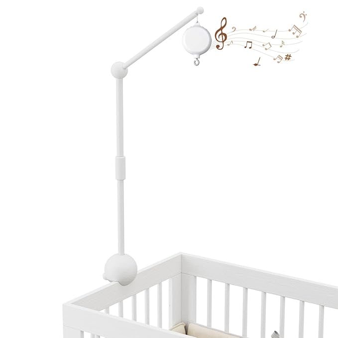Crib Mobile Arm with Music Box,32.5 Inch White Crib Mobile Stand,Wooden Mobile Arm for Crib (2 Modes,360°Adjustable,100% Beech Wood) Baby Crib Mobile for Boy and Girl
