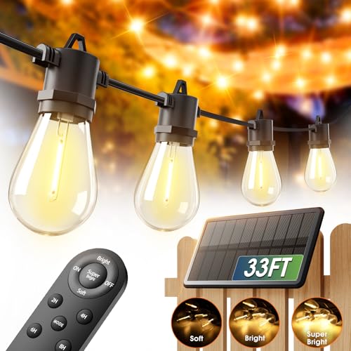 addlon 33FT (27+6) Solar String Lights for Outside Outdoor Waterproof with USB Port & Remote Control Solar Patio Lights Last for 20+Hrs Dimmable Solar Power LED Bulbs Hanging for Porch Garden Bistro - size: 27+6FT(9 Sockets)