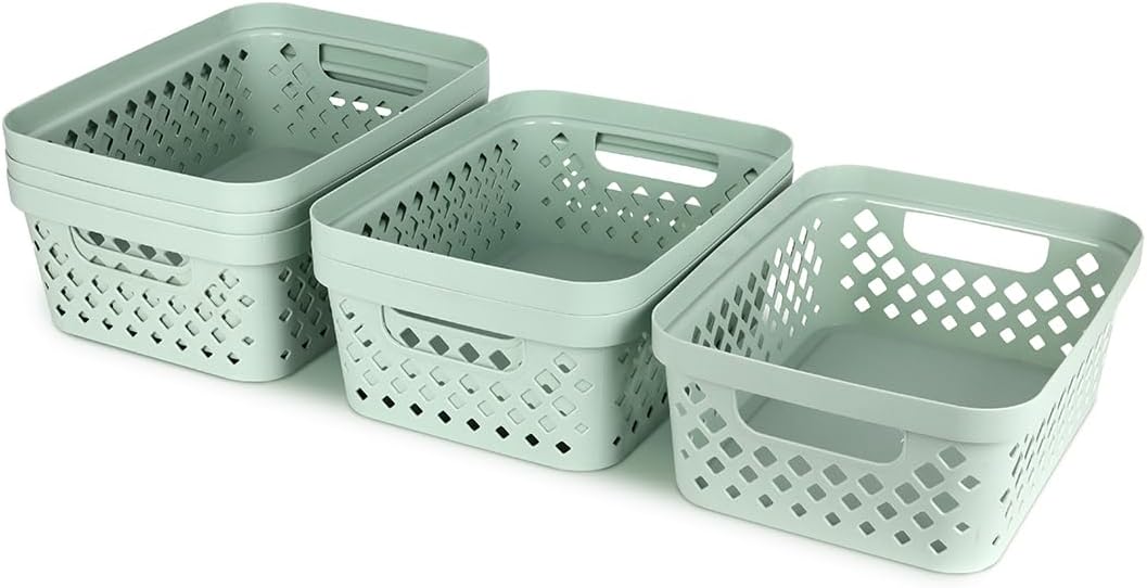 Glad Plastic Storage Basket Set, Value Pack of 6 | Open Storage Bins for Shelves, Bathroom, Pantry, Closet | Nesting Organizer Boxes with Handles, 2 Gallon, Sage