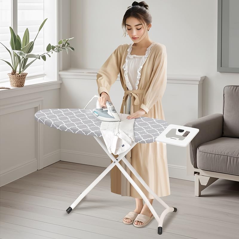 Ironing Board,Foldable Ironing Board Adjustable Height Compact Iron Board Thick Steel Tube Iron Board with Holder,Replacing Cloth Cover and Mini Handheld Gloves (Grey Texture)